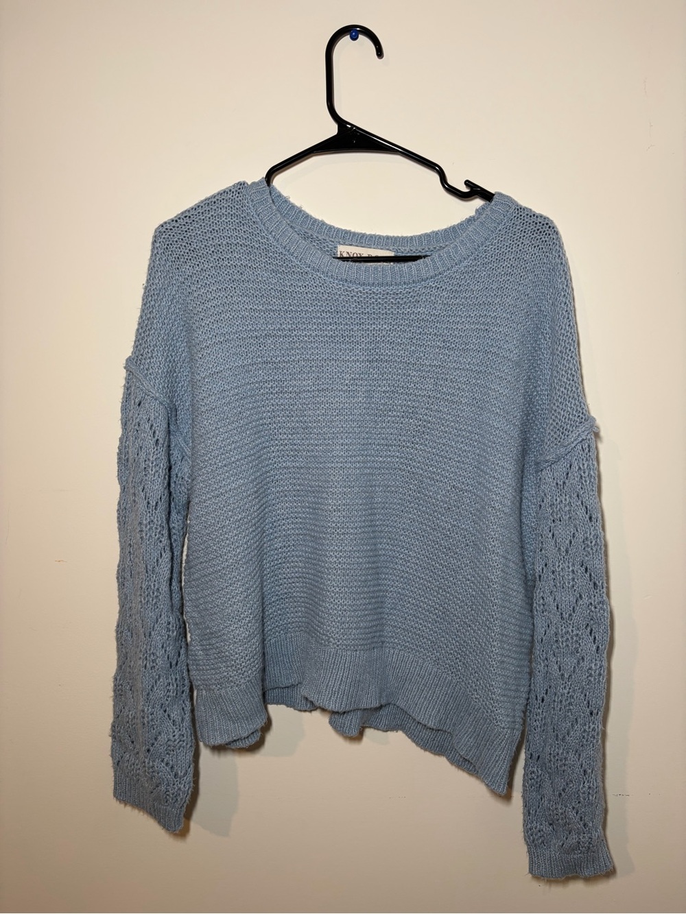 Knox Rose Soft Blue Crewneck Sweater with Lace Sleeves